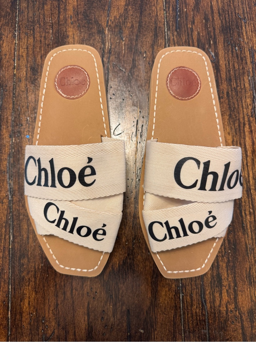 Chloé Woody Logo Women’s Slides Beige EU 39 US 8.5 Authentic